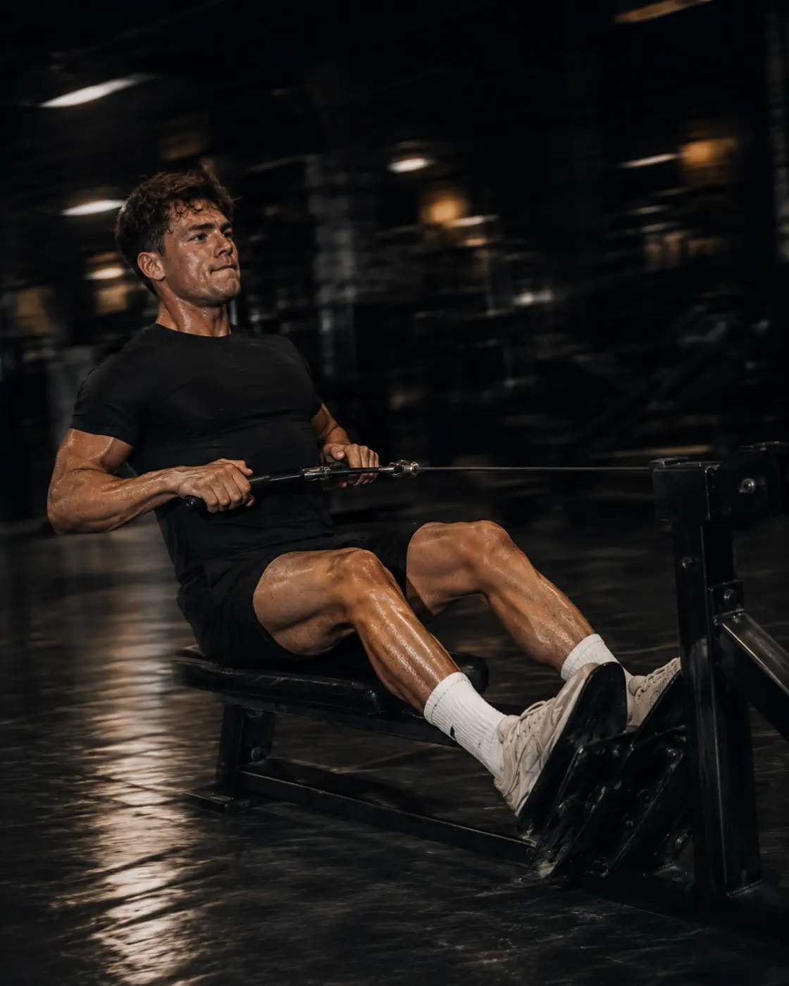 A seated cable row at full contraction