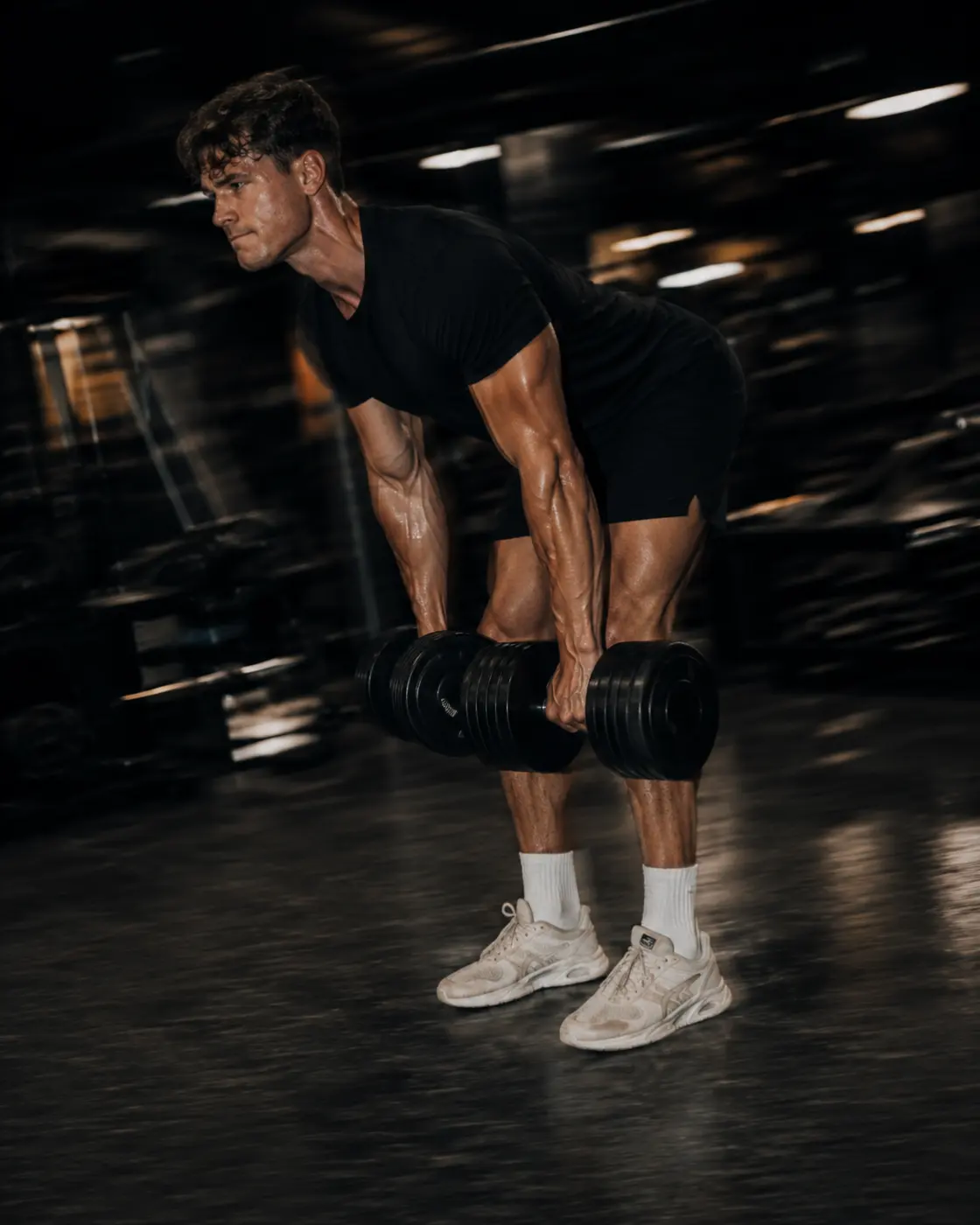 A loaded barbell held at the top of a deadlift