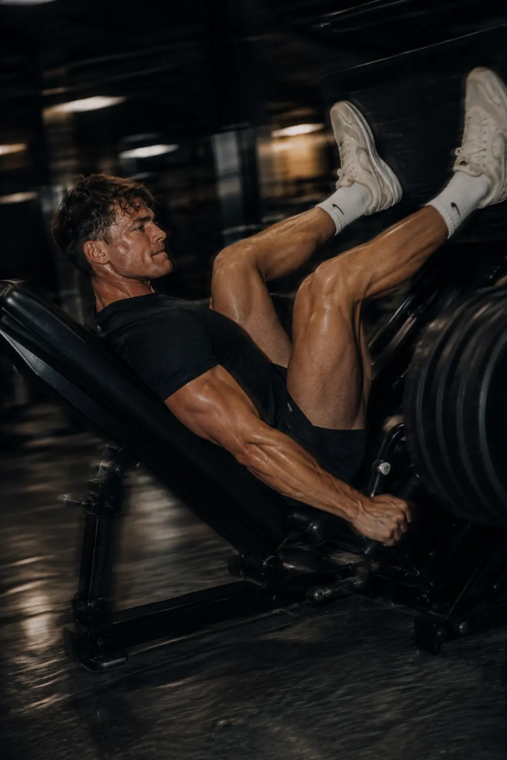 A loaded leg press mid-rep